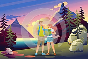 Young people study the map of the forest, camping. Flat 2D character. Concept for web design