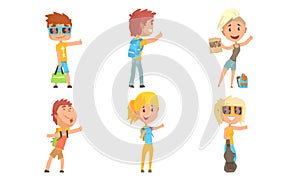 Young People Travelling by Autostop Collection, Male and Female Tourists Characters Hitchhiking Vector Illustration