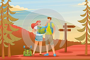 Young people use the map in the forest, camping. Flat 2D character. Concept for web design