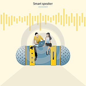 Young people use speaker recognition, voice control, virtual assistant, identification, hotline operator. Vector illustration conc