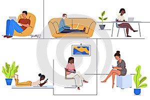 Young people using gadgets at home flat vector illustrations set