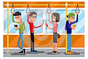 Young people using smartphone socializing in public transport. Vector concept background