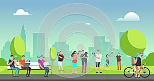 Young people using smartphones and tablets walking outdoors in park. Mobile internet addiction vector concept