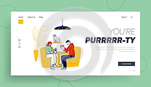 Young People Visiting Cat Cafe, Hospitality Landing Page Template. Characters Sit at Tables Drinking Beverage