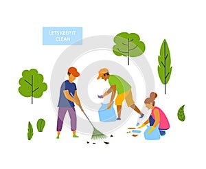 Young people volunteers cleaning up the park isolated vector graphic