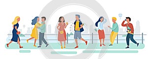 Young people walks along the street by the river. Vector illustration