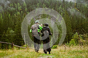 Young people wearing trekking equipment hiking in mountain forest