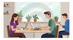 Young People Working on Laptops and Mobile Device in Modern Office Space