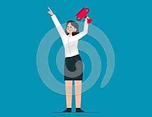 Young person with cup in hand celebrates success. Success factors vector concept