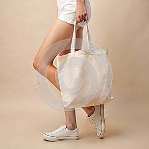 Young person holding reusable white fabric tote bag for mockup