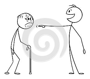 Young Person Mocking or Ridiculing Old Person, Laughing and Pointing at Senior, Vector Cartoon Stick Figure Illustration photo