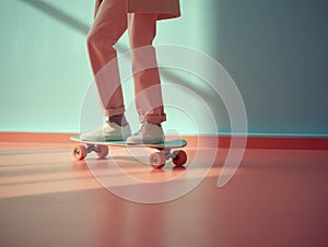 Young person riding a skateboard. Minimalistic youthful background.