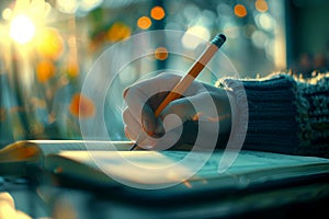 A young person is sitting at a table, writing in a notebook with a pencil