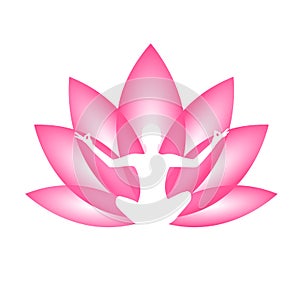 Young person sitting in yoga meditation lotus position silhouette with pink lily