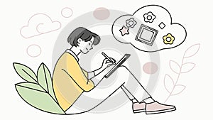 Young person sketching and conceptualizing ideas on tablet, vector design Generative AI