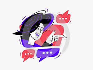 Young person talking online from a speech bubble, vector illustration of a conversation with accent on one-person trainer or