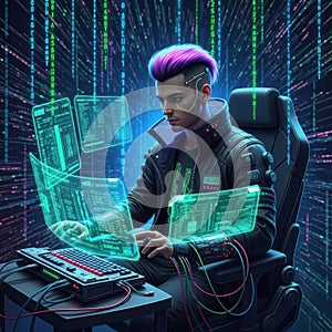 Cyberpunk hacker coding on multiple screens.