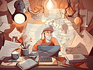 A young person in a workspace surrounded by a pile of papers laptop coffee mug and a geometric shaped light bulb