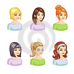 Young pertty woman cartoon avatars set with various hairstyles. Vector illustration