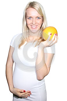 Young Petty Natual Beauty Pregnant Woman Holding Grapefruit and Shows a Belly That Begins to Grow Isolated on White Background. 20