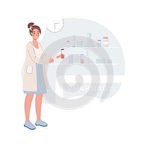 Young pharmacist holding a bottle with red liquid and showing thumb up vector flat illustration.