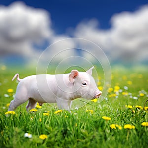 Young pig on a green grass