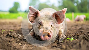 Young pig laying in a dirt