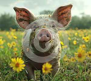 Young pig on spring green grass