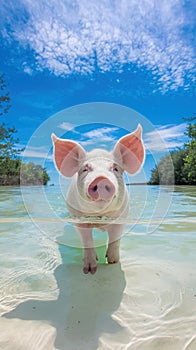Young Pig Wading in Shallow Water on Sunny Day