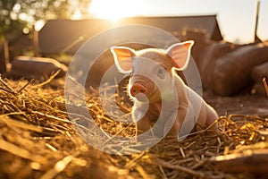 Young piglet on hay and straw at pig breeding farm. Generative AI