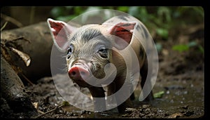 Young piglet on rural farm grazing green grass generated by AI