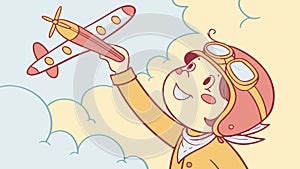 Young pilot-in-training joyfully flying a toy airplane, full of ambition, vector design Generative AI