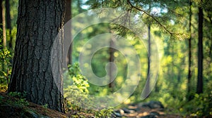 Young pine branch growing on a tree trunk in a forest
