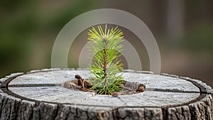 Young pine sapling growing from tree stump in forest renewal scene