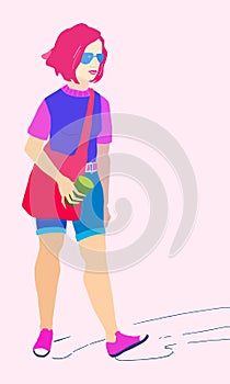 Young pink haired girl in modern clothes with eco shopper and paper cup. Vector flat hand drawn illustration. Design element for
