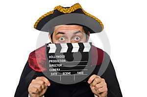 Young pirate holding clapperboard isolated on