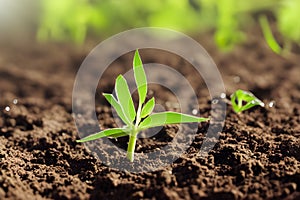 young plant with drop of water in sunlight, Growing plant grow up, a close up of a plant, , Generative AI