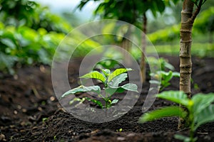 Young plant growing in fertile soil in a lush garden