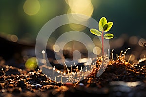 young plant growing in garden with sunlight. Generative AI Illustration.