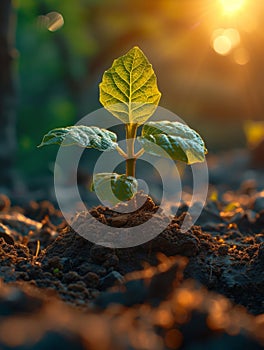 Young plant growing in the morning light and sun