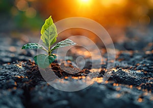 Young plant growing in the morning light and warm sunlight