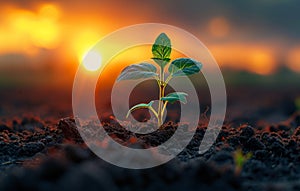 Young plant growing on the soil with morning sunlight