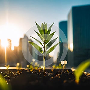 Young plant growing in sunlight and city background. Generative AI