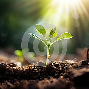 Young plant growing with sunlight closeup view