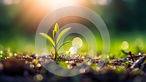Young Plant growing under morning sunlight with blurred background and bokeh, organic, sustainability, environment, ecosystem,