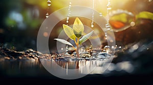 Young plant growing under water drops in sunlight. Growing concept