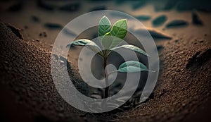 A young plant grows from the ground. Generative ai