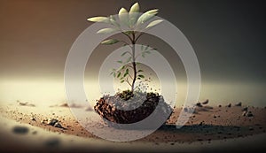 A young plant grows from the ground. Generative ai