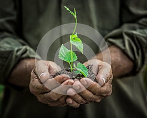 Young plant in old hands against green background