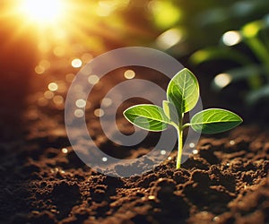 Young plant springing up out of the soil The sun shines